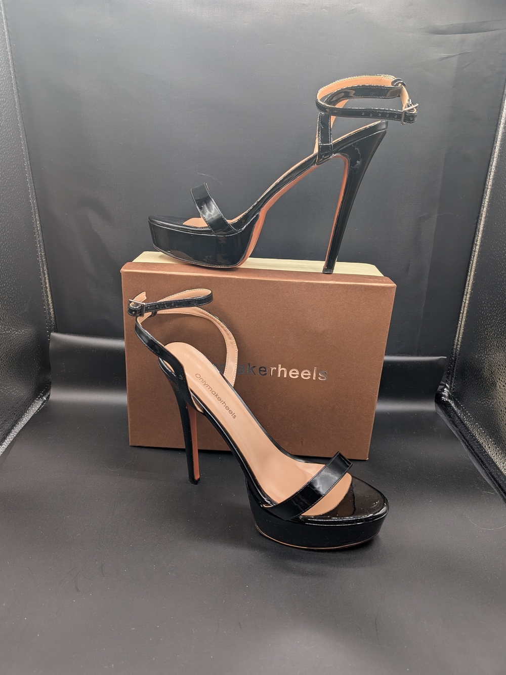 Black Patent High Heel Platform Sandals with Ankle Strap